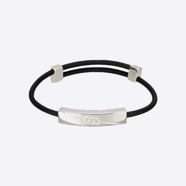 Gucci 925 sterling silver twill interlocking leather cord bracelet 774464 JAAFW 8163