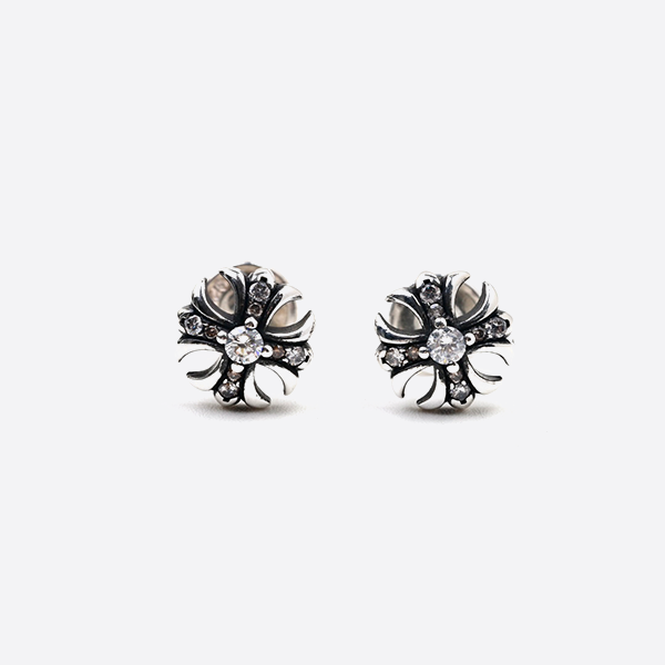 Chrome Hearts S925 sterling silver cross flower full diamond small earrings z375360300